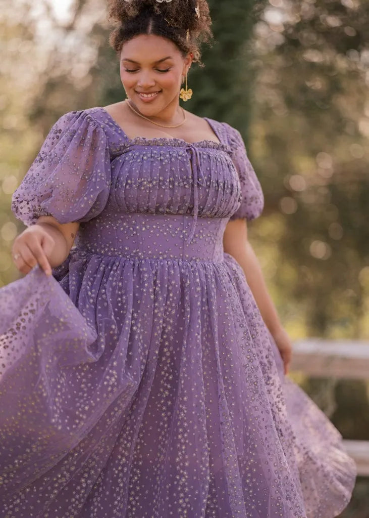 Everbloom Puff Sleeve Midi Dress in Purple