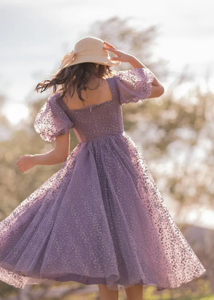 Everbloom Puff Sleeve Midi Dress in Purple