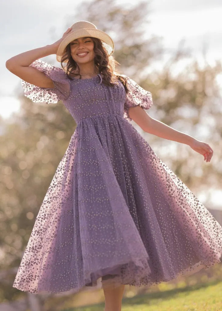 Everbloom Puff Sleeve Midi Dress in Purple